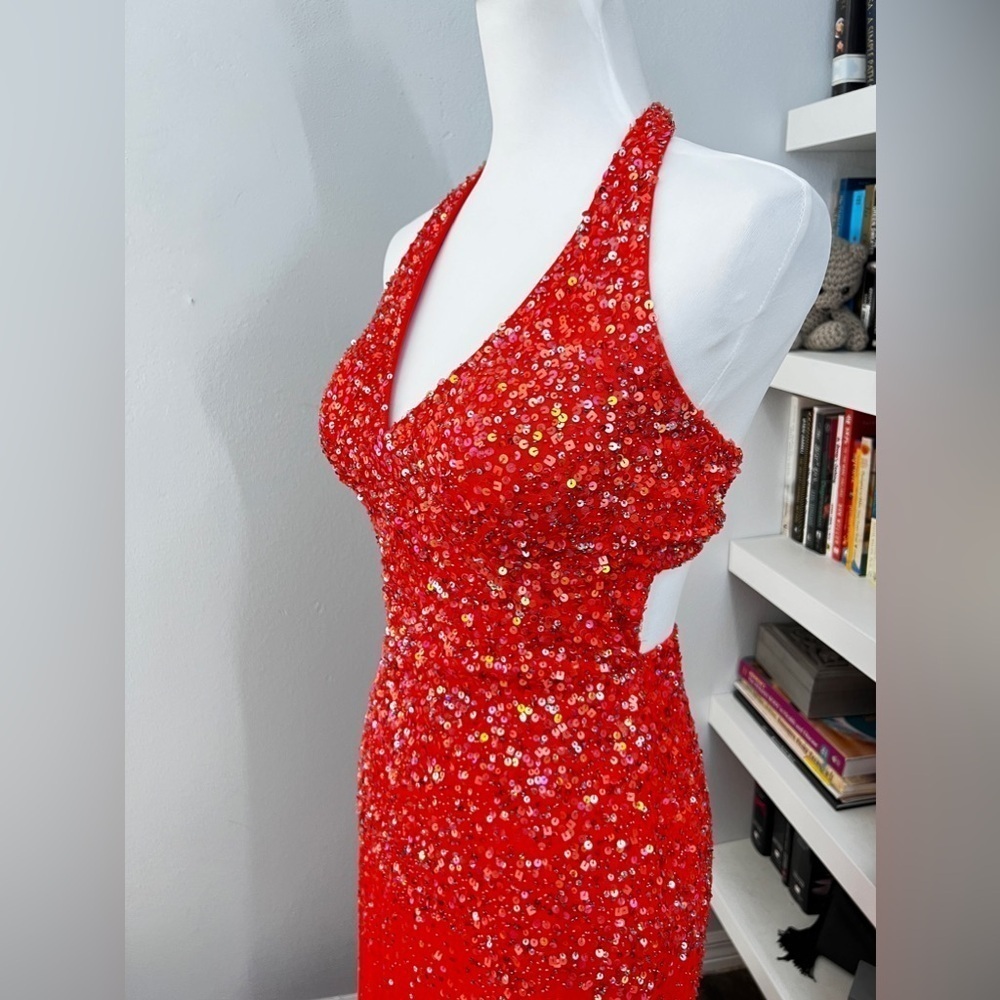 Cache Coral Sequin Sparkle Halter Backless Gown S… - image 6